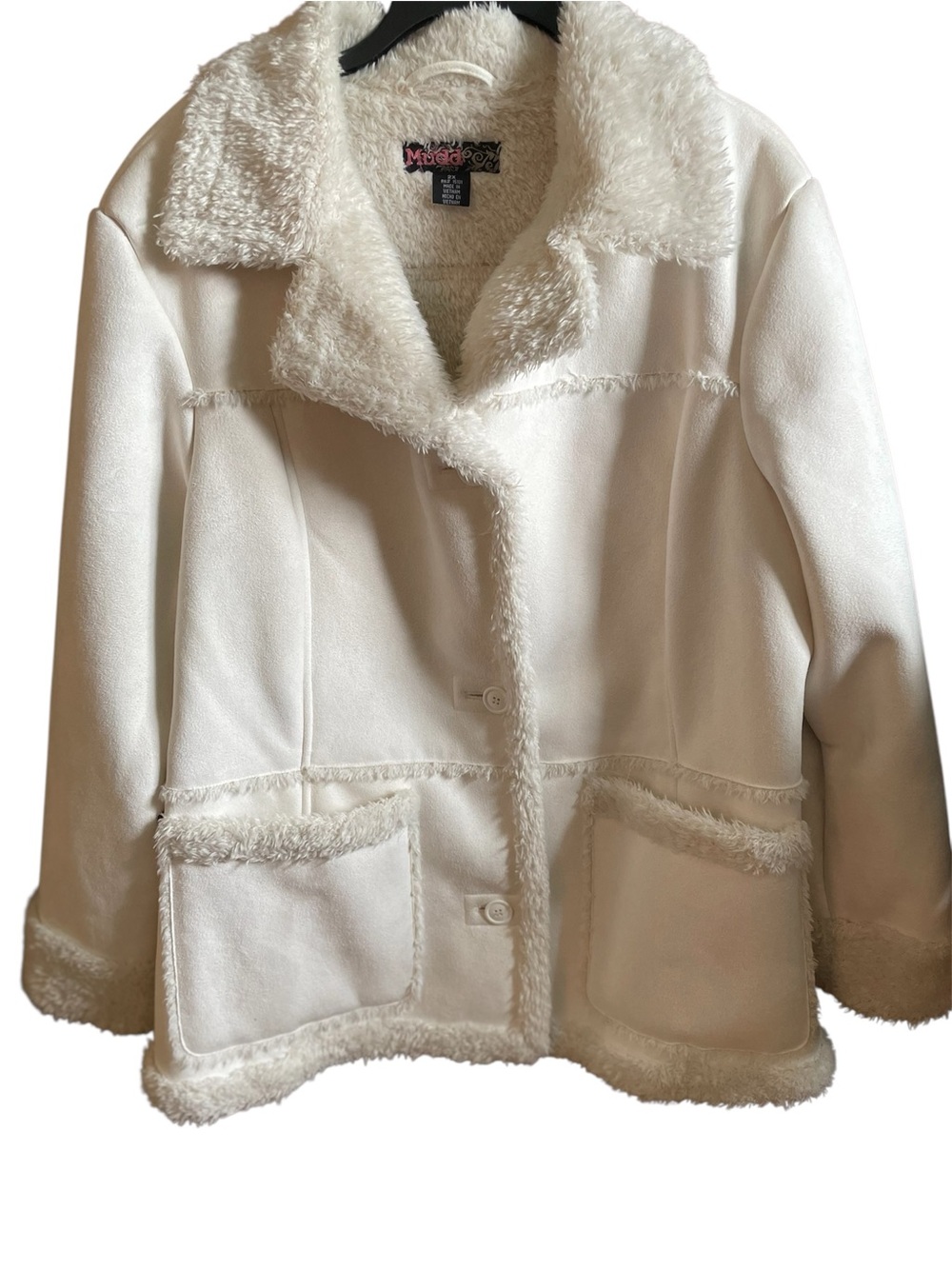 Mudd Women's White Button Front Jacket Fluffy Faux Fur Trim Lined Pockets SZ 2X
